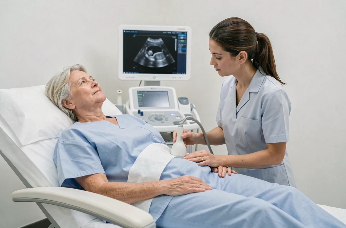 Femme de 55 ans passant une échographie gynécologique pour détection de polype utérin après la ménopause