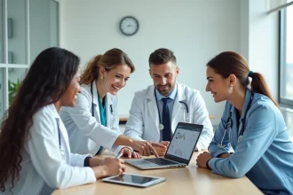 Équipe vétérinaire diverse en réunion dans une clinique