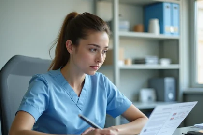 Jeune ergothérapeute débutante en uniforme bleu consultant ses documents de salaire dans un bureau hospitalier modeste