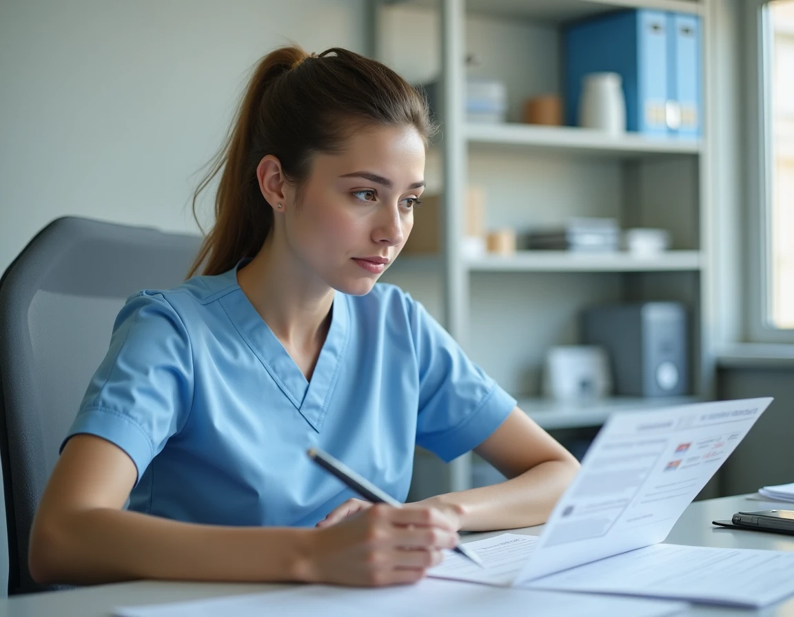 Jeune ergothérapeute débutante en uniforme bleu consultant ses documents de salaire dans un bureau hospitalier modeste