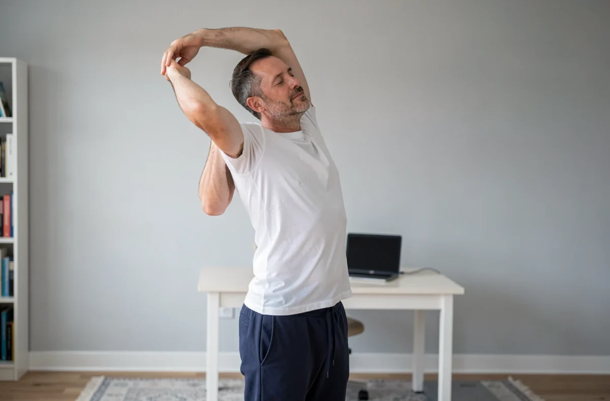 Homme effectuant un étirement du dos debout dans un bureau à domicile pour soulager les contractures