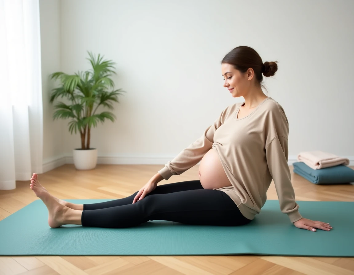 Femme enceinte pratiquant un étirement prénatal pour soulager les douleurs aux fesses et au bas du dos