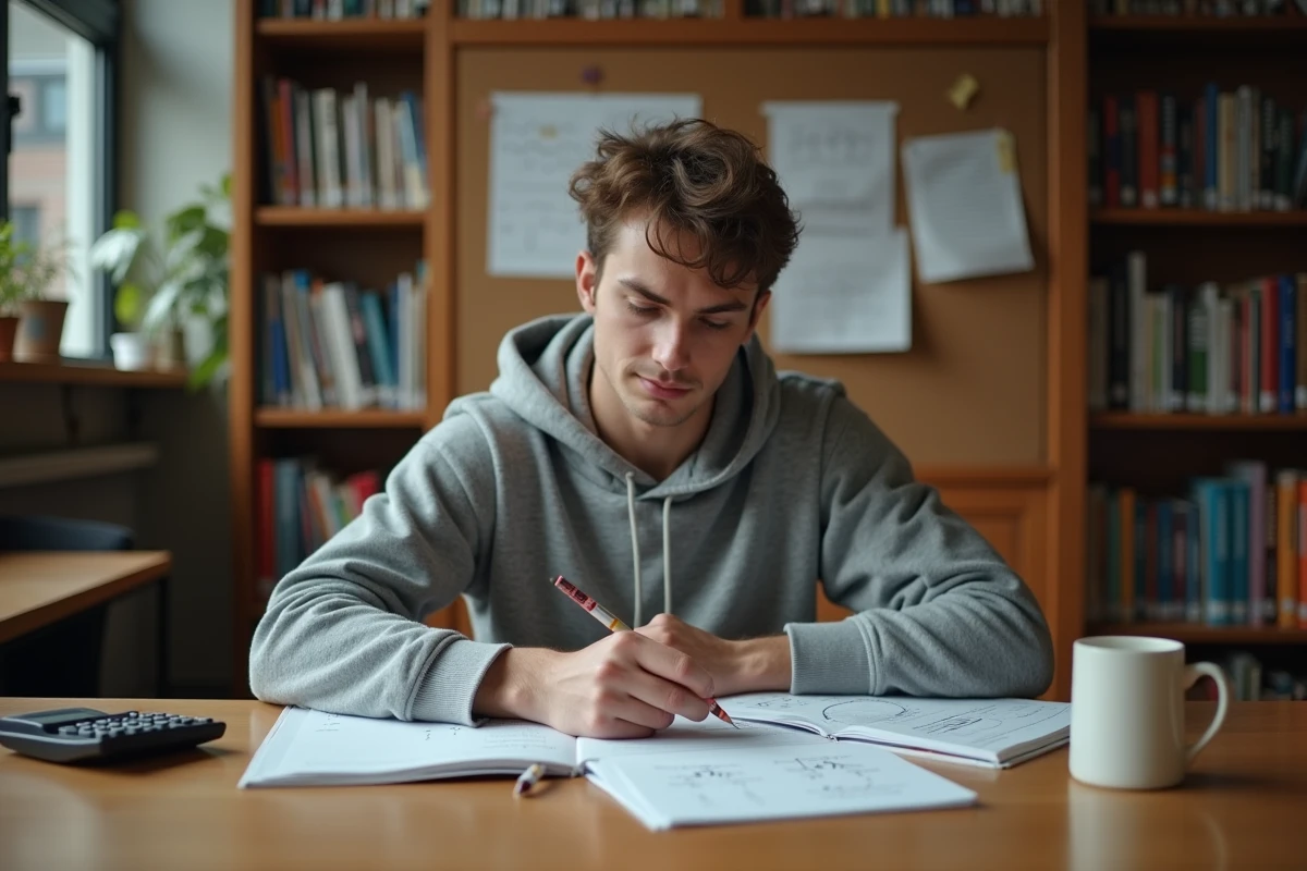 Étudiant en chimie résolvant des calculs de concentration sur papier avec un manuel scolaire et une calculatrice scientifique