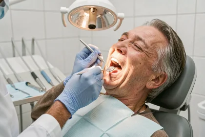 Dentiste examinant la cavité buccale d'un patient adulte pour détecter des lésions précancéreuses de la bouche