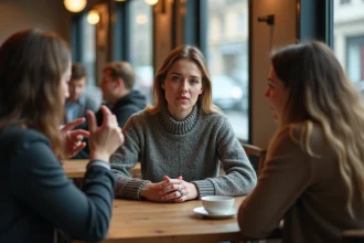 Femme épuisée face à une amie envahissante dans un café, illustrant le concept de faux ami et de pompeur d'énergie