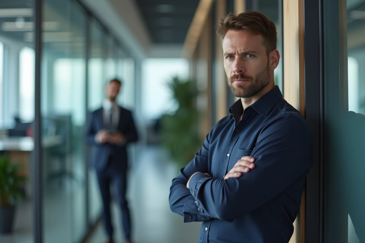 Homme stressé dans un couloir de bureau face à un collègue envahissant, symbolisant un faux ami toxique au travail
