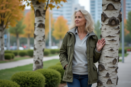 Femme touchant un bouleau dans un parc urbain