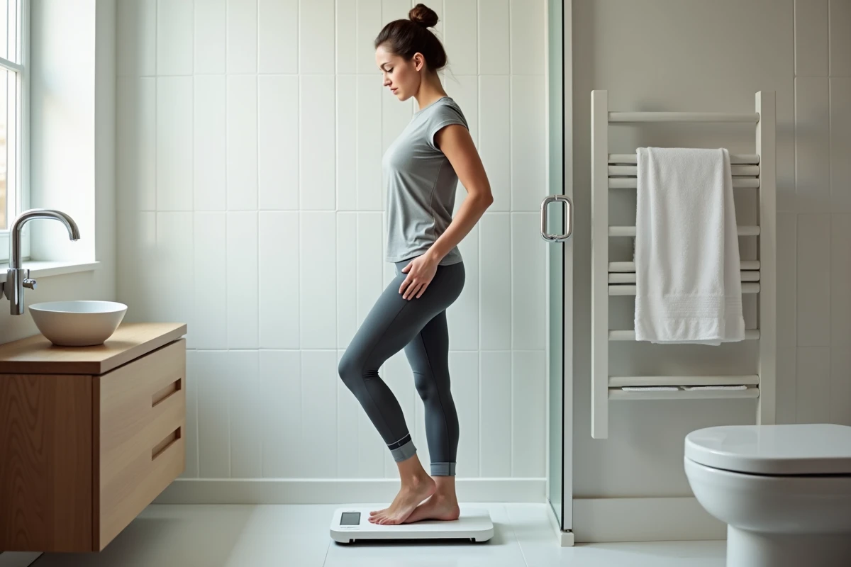 Femme mesurant son poids sur une balance connectée dans la salle de bain