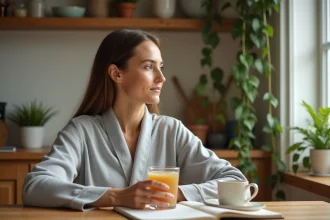 Femme en robe de chambre grise tenant un verre de boisson dorée le matin dans une cuisine en bois, illustrant une routine bien-être pour améliorer le sommeil