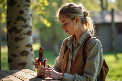 Femme examinant une bouteille de sapin dans un jardin