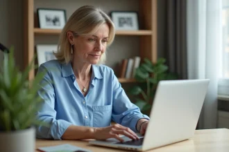 Femme d'âge moyen utilisant un portail patient en ligne à son bureau