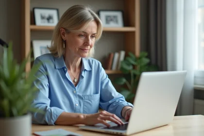 Femme d'&acirc;ge moyen utilisant un portail patient en ligne &agrave; son bureau