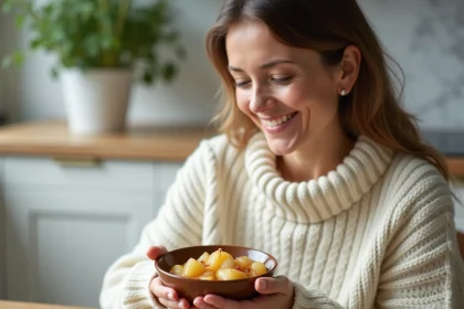 Femme tenant un bol de compote maison de poires et pommes, signe de bien-&ecirc;tre digestif au quotidien