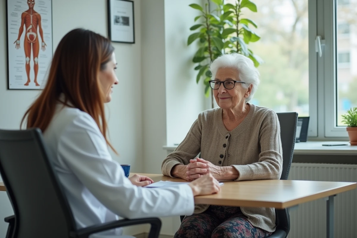 Femme âgée discutant avec son médecin dans un cabinet médical moderne