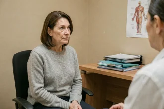 Femme de 50 ans en consultation gynécologique discutant d'un polype utérin avec son médecin