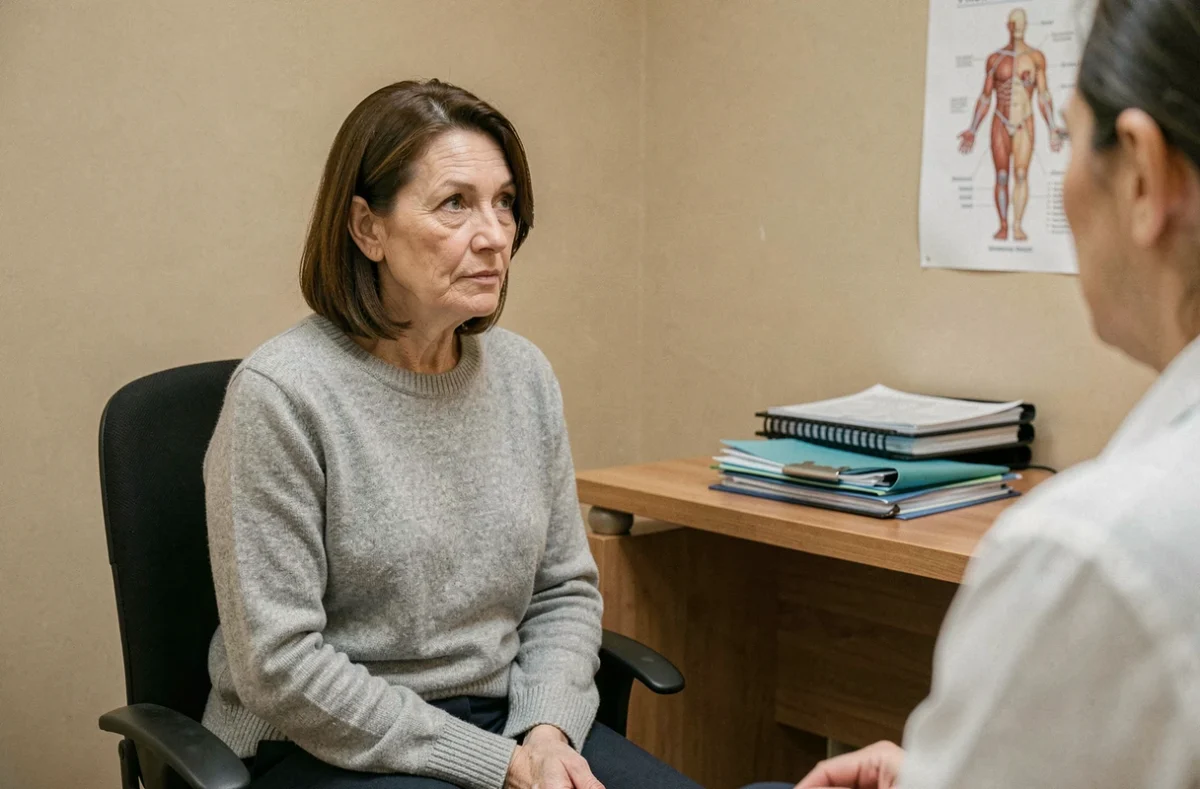 Femme de 50 ans en consultation gynécologique discutant d'un polype utérin avec son médecin