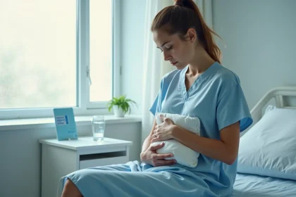 Femme jeune en convalescence assise sur un lit d'hôpital tenant un coussin contre son ventre après un accouchement ou une opération abdominale