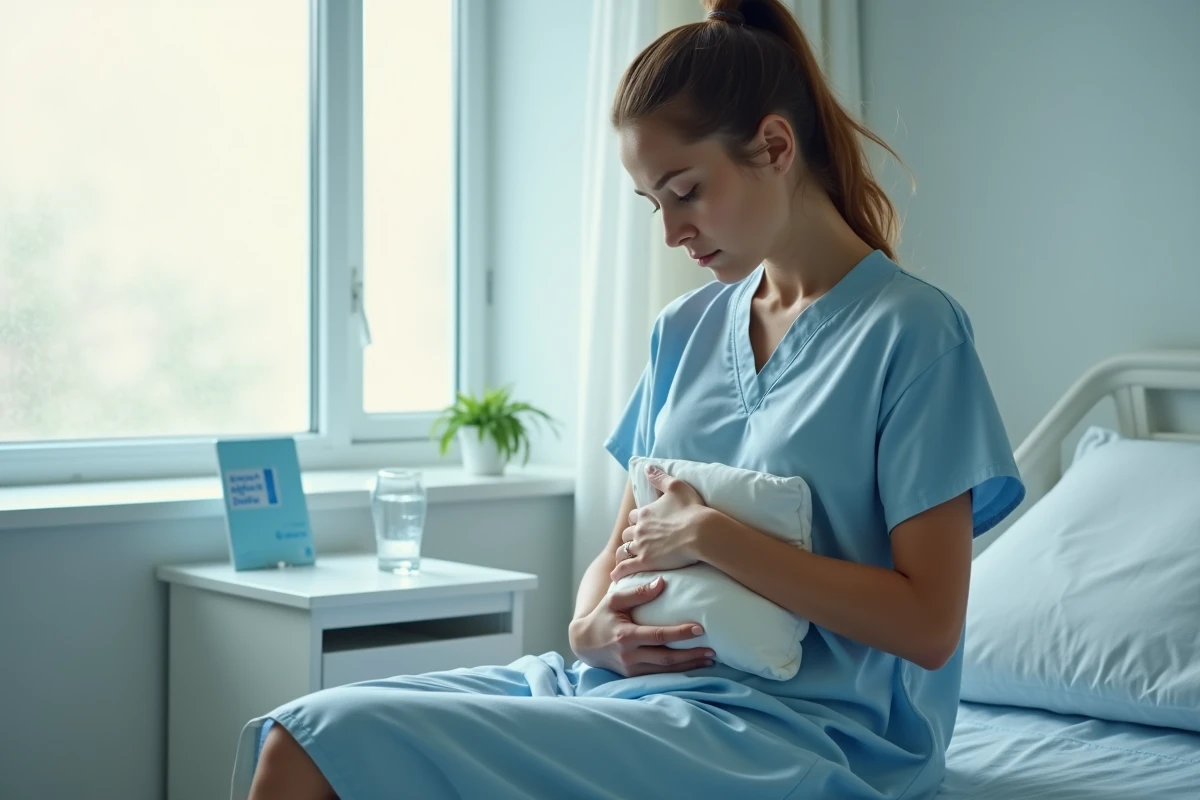 Femme jeune en convalescence assise sur un lit d'hôpital tenant un coussin contre son ventre après un accouchement ou une opération abdominale