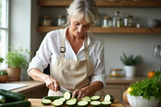 Femme préparant des courgettes fraîches dans une cuisine moderne, illustrant les bienfaits des courgettes pour la santé cardiovasculaire