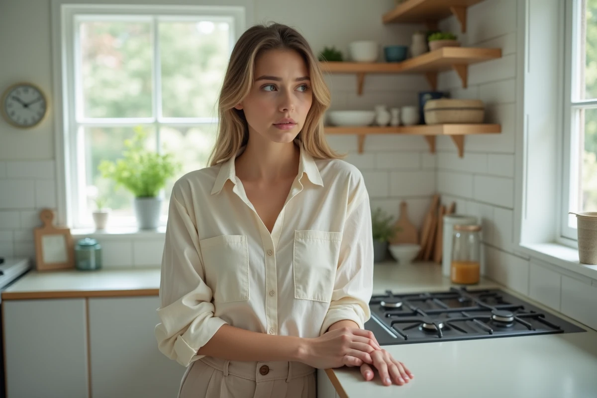 Jeune femme dans la cuisine moderne avec expression préoccupée