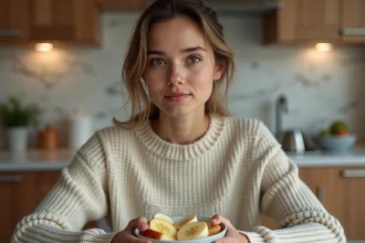 Jeune femme en détente avec bol de fruits frais dans la cuisine