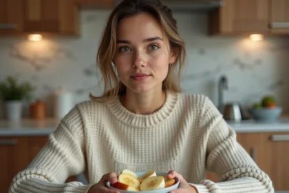 Jeune femme en détente avec bol de fruits frais dans la cuisine