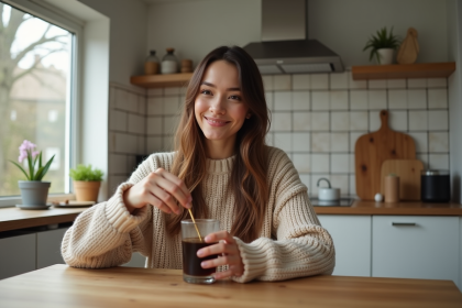 Femme souriante préparant du sirop de cola dans la cuisine