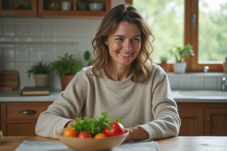 Femme d'âge moyen dans la cuisine examine des légumes frais