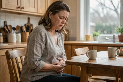 Femme d'une quarantaine d'années tenant son abdomen dans une cuisine, illustrant la douleur physique et le stress émotionnel liés à la diverticulite
