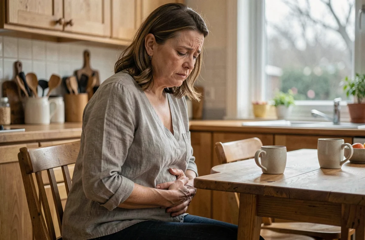 Femme d'une quarantaine d'années tenant son abdomen dans une cuisine, illustrant la douleur physique et le stress émotionnel liés à la diverticulite