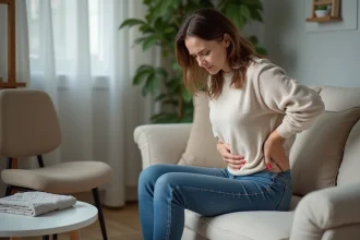 Femme d'âge moyen en détresse lombaire assise sur un canapé