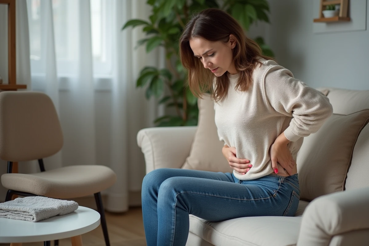 Femme d'âge moyen en détresse lombaire assise sur un canapé
