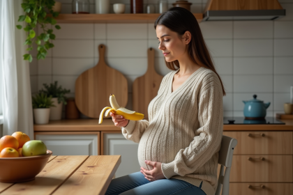 Femme enceinte tenant une banane dans la cuisine chaleureuse
