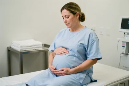 Femme enceinte au troisième trimestre assise sur une table d'examen médical, les mains posées sur le ventre, dans une salle de maternité