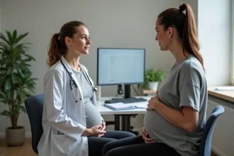 Femme enceinte en consultation médicale discutant des résultats de transaminases SGOT avec son médecin