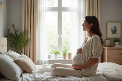 Femme enceinte assise sur le lit dans une chambre chaleureuse