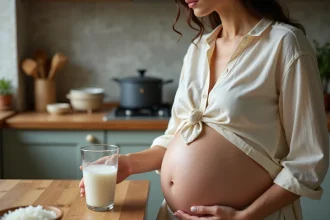 Femme enceinte tenant un verre d'eau de riz dans une cuisine naturelle en bois
