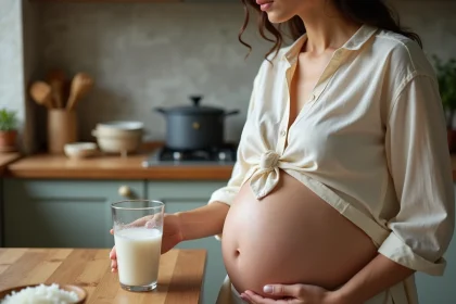 Femme enceinte tenant un verre d'eau de riz dans une cuisine naturelle en bois