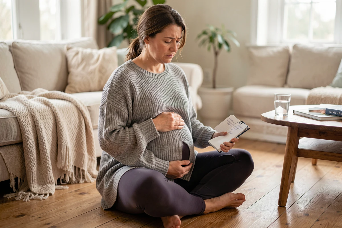 Femme enceinte assise sur le sol de son salon prenant des notes dans un carnet sur les signes du travail imminent