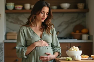 Femme enceinte lisant l'étiquette d'un paquet de mozzarella di bufala dans une cuisine en bois