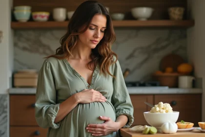 Femme enceinte lisant l'étiquette d'un paquet de mozzarella di bufala dans une cuisine en bois