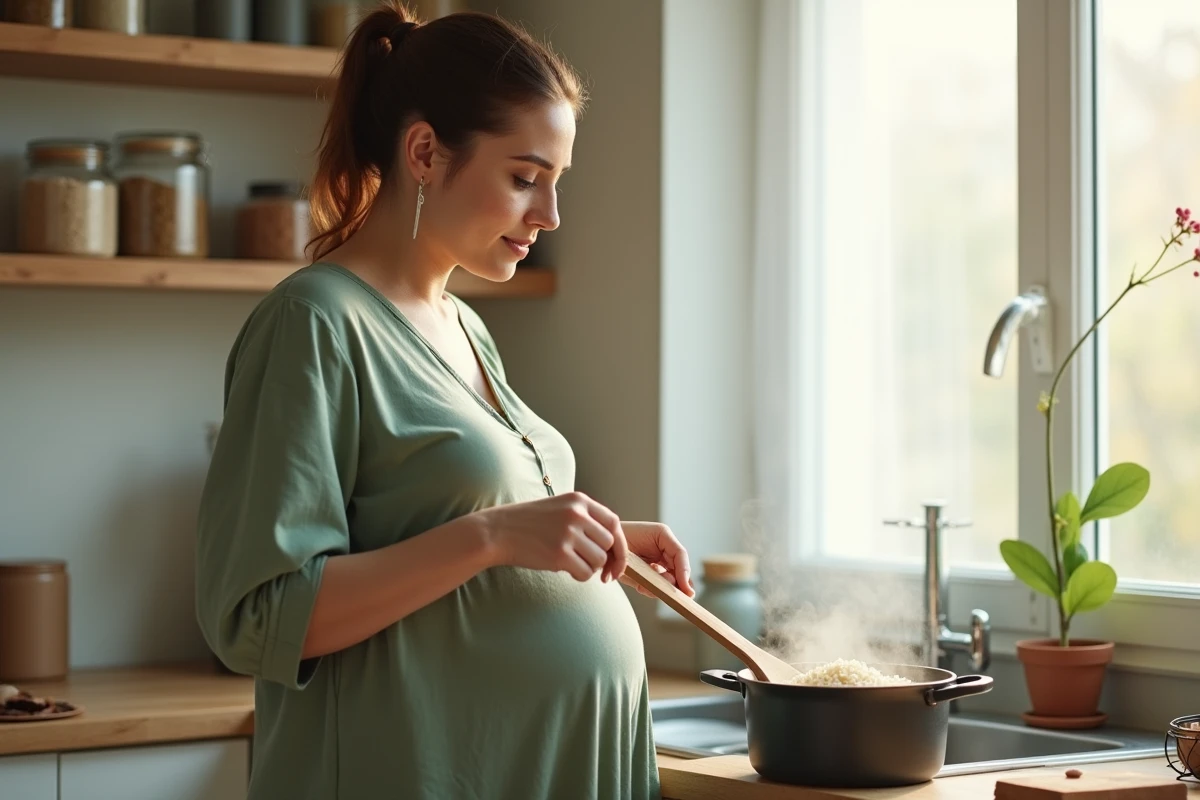 Femme enceinte préparant de l'eau de riz dans une cuisine moderne avec de la vapeur