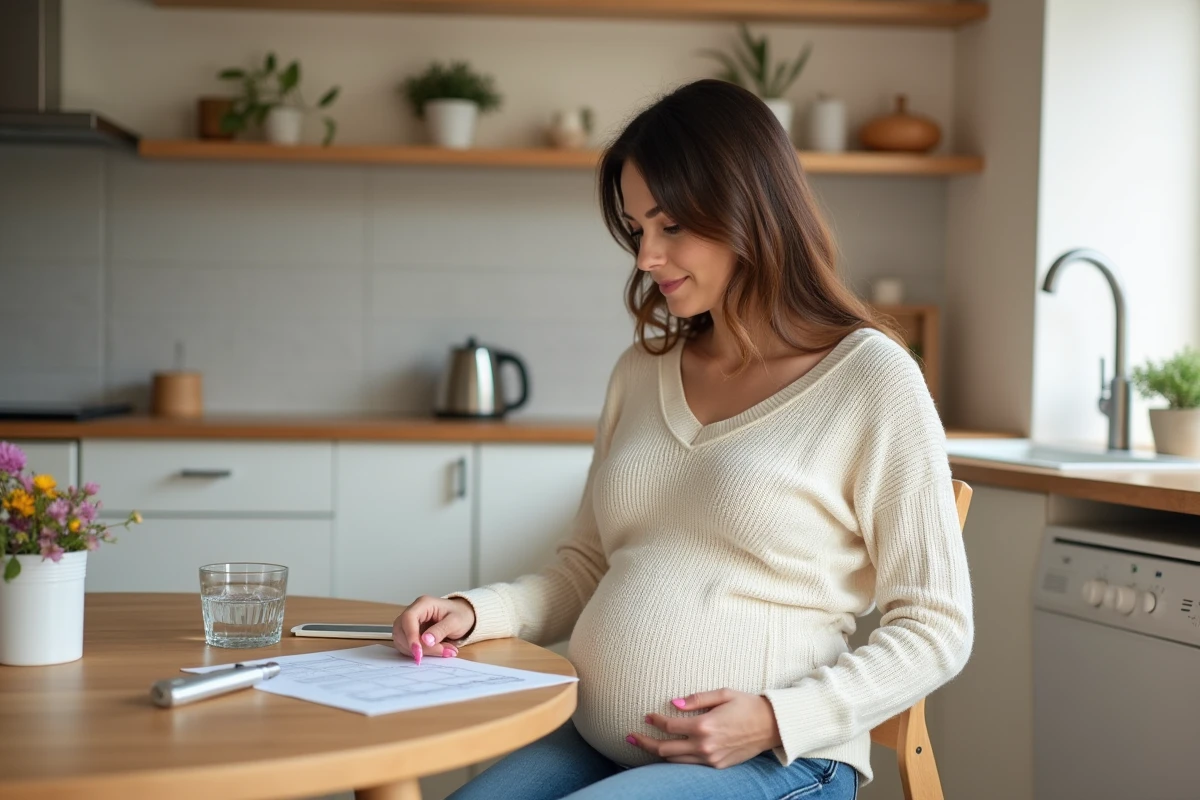 Femme enceinte à domicile consultant ses résultats d'analyse SGOT sur papier dans sa cuisine