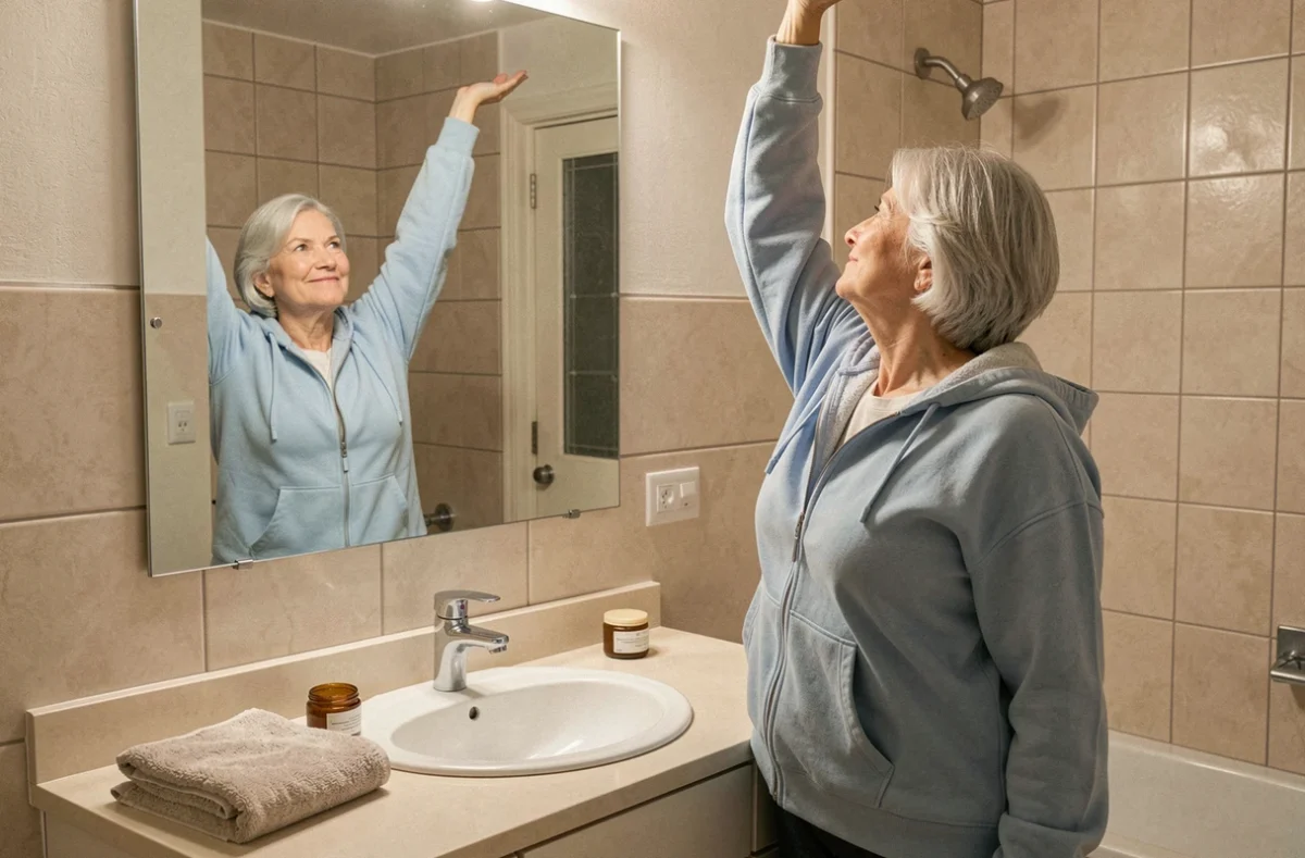 Femme étirant le bras gauche devant le miroir de la salle de bain pour soulager une douleur à l'aisselle