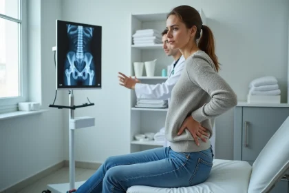 Femme en consultation m&eacute;dicale avec radiologue et radiographie pelvienne