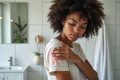 Femme examinant une peau sèche sur son épaule dans la salle de bain
