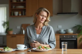 Femme ressentant une gêne digestive après un repas, assise dans sa cuisine en tenant un verre d'eau