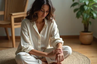 Femme assise qui se gratte la main droite dans une atmosphère méditative et spirituelle