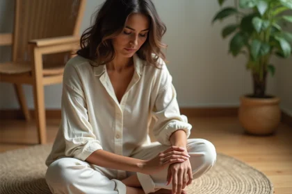 Femme assise qui se gratte la main droite dans une atmosphère méditative et spirituelle