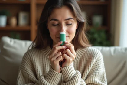 Femme utilisant un inhaleur nasal thaïlandais Yadom pour soulager un nez bouché à la maison